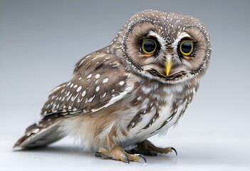 Fototapeta premium Elegant close-up portrait of a small brown northern saw-whet owl with large expressive yellow-ringed eyes, detailed feathers and soft neutral background