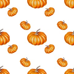 Watercolor seamless pattern with orange pumpkins on a white background. Autumn illustration for packaging design, fabrics, wallpapers, cards and decor.