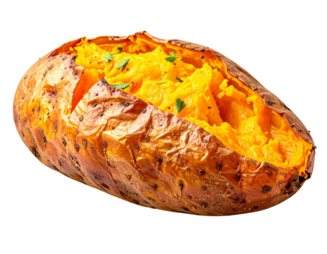 Whole Roasted Sweet Potato with Crispy Skin, Isolated