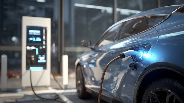 Electric vehicle charging via a power cable at a smart fueling station with digital interface, reflecting modern clean-energy transportation