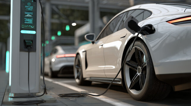 Electric vehicle charging via a power cable at a smart fueling station with digital interface, reflecting modern clean-energy transportation - Powered by Adobe