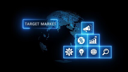 Digital globe with glowing blue interface showing target market icons and data world earth
