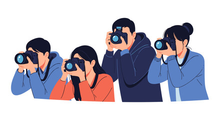 A diverse group of enthusiastic photographers, both male and female, are actively engaged in capturing memorable moments with their digital cameras.