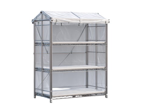 A small, three-tiered, portable greenhouse with a clear plastic roof and sides.  Metal frame.  Ideal for seedlings or small plants