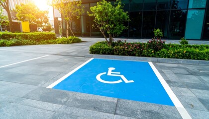 Designated parking space for people with disabilities, clearly marked in vibrant blue, situated in a landscaped area next to modern office buildings.