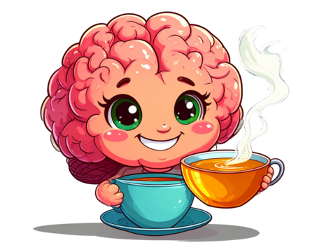 Cartoon Brain Character Drinking Tea, Self-Care Routine