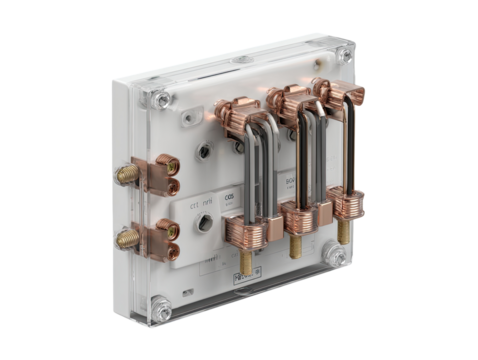 Rectangular electrical switch module, enclosed.  Clear acrylic casing.  Multiple copper/rose gold colored terminals and contacts