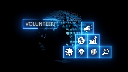 Blue digital world map with glowing neon icons and the word volunteer globe earth