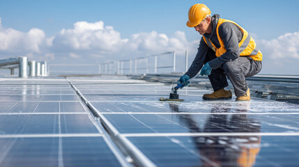 Professional maintenance and cleaning of solar panels on an industrial roof to ensure efficient and sustainable power generation