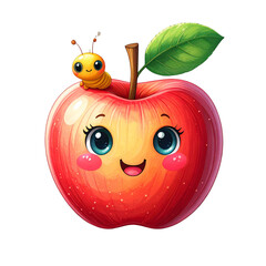 Obraz premium Kawaii Apple Character with Worm, isolated on a transparent background PNG