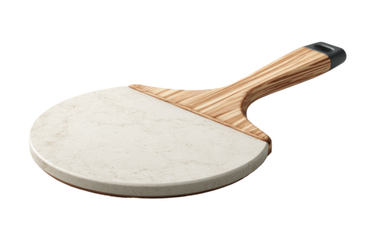 A ping-pong paddle with a unique design.  The face is a cream-colored stone, resembling marble, and the handle is light brown wood with a dark grey grip.