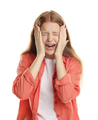Teenage girl suffering from panic attack on white background
