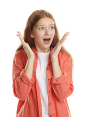 Teenage girl suffering from panic attack on white background