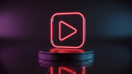 A neon red play button icon on a dark reflective surface with a gradient background and a platform