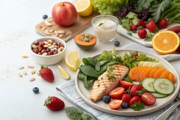 Healthy grilled salmon meal with fresh fruits and vegetables