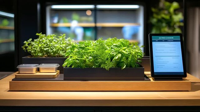 Modern Industrial Environment: Scene of Eco-friendly outdoor kitchen featuring induction cooking and integrated hydroponic system. Advanced technology, workflow optimization and professional