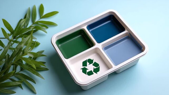 Modern Industrial Environment: Scene of Eco-friendly ration box featuring recyclable sections and a vibrant green design. Advanced technology, workflow optimization and professional standards in a