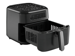 Compact, black air fryer with open drawer