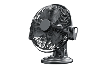 Dark gray desk fan, circular, and portable