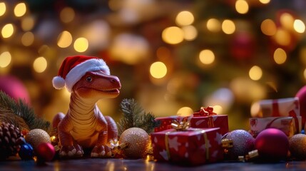 Dinosaur toy wearing Santa hat among colorful Christmas decorations