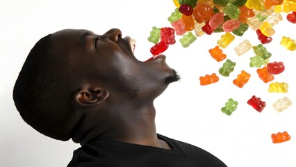 Sweet Surprise: A man joyfully devours a cascade of colorful gummy bears, capturing a moment of pure delight.
