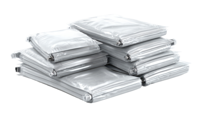 A stack of folded, clear plastic-wrapped  items