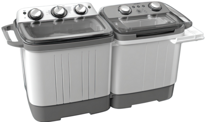 Two stacked compact washing machines, gray and white, feature control knobs and clear lids