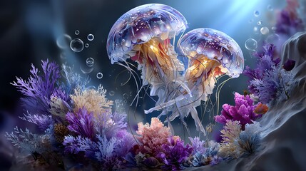Vibrant jellyfish in an underwater paradise. whimsical paper cut underwater world with smiling jellyfish, pastel coral reefs, and playful bubbles drifting upward illustration.