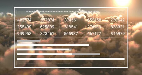 Animation of interface with data processing against clouds and shining sun in the sky - Powered by Adobe