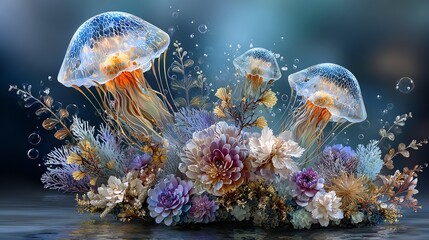 Colorful jellyfish among beautiful underwater flora. whimsical paper cut underwater world with smiling jellyfish, pastel coral reefs, and playful bubbles drifting upward illustration.