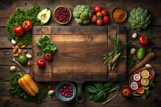 Rustic wooden cutting board surrounded by fresh vibrant fruits and vegetables
