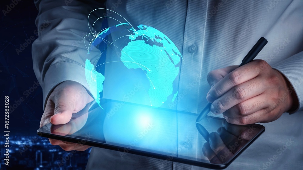 Poster global network connection visualization showing data exchange, digital link, worldwide communication
