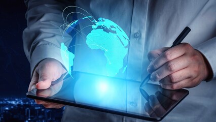 Global network connection visualization showing data exchange, digital link, worldwide...