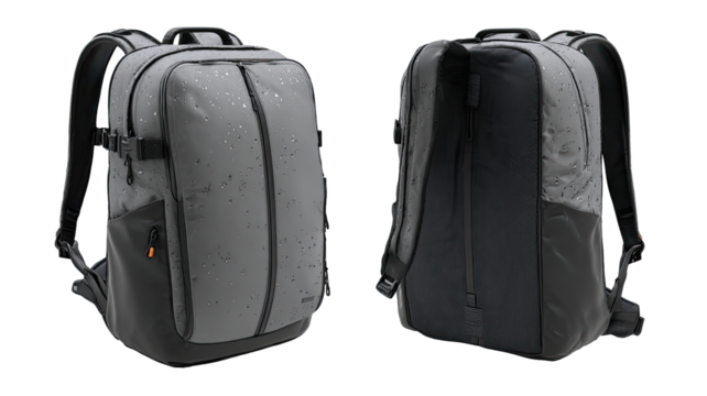 Gray and black backpack, front and back views.  Modern design, with subtle speckled pattern on the light gray panels.  Zippered compartments, adjustable straps