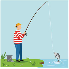 Man Fishing, Catching Fish at Waterfront