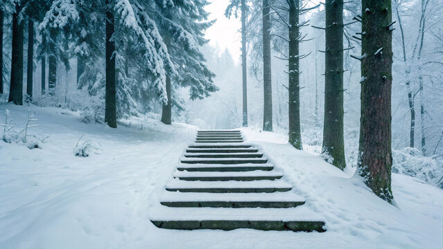 Snow-covered wooden steps lead upward through dense winter forest with frost-laden evergreen trees creating mystical woodland pathway scene.