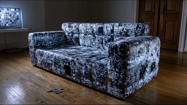 Modern sofa with abstract digital pattern and glowing pixels placed in a room with wooden floor and closed doors