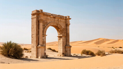 Fototapeta premium Ancient Roman stone archway ruins standing in sandy desert with rolling dunes and sparse vegetation under clear sky.