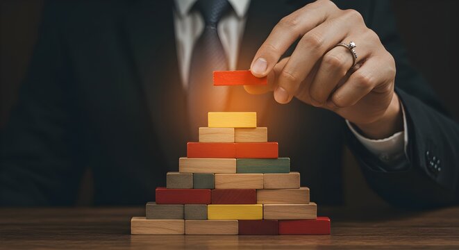 Man building pyramid of wooden blocks shows organization. Concepts of business strategy, risk assessment, and success. Use for presentations, posters, and branding.