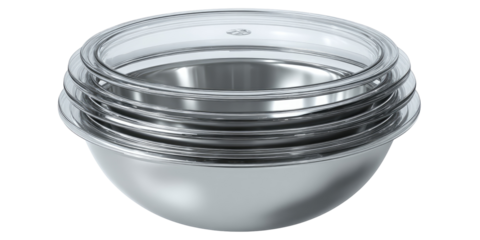 Stacked stainless steel mixing bowls with clear lids