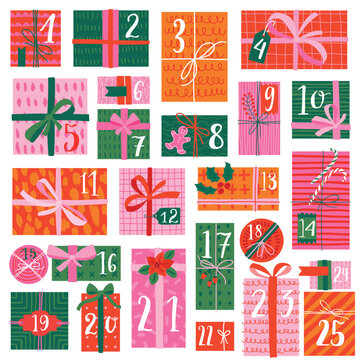 Christmas advent calendar with gifts, hand drawn style. Colourful Vector illustration.