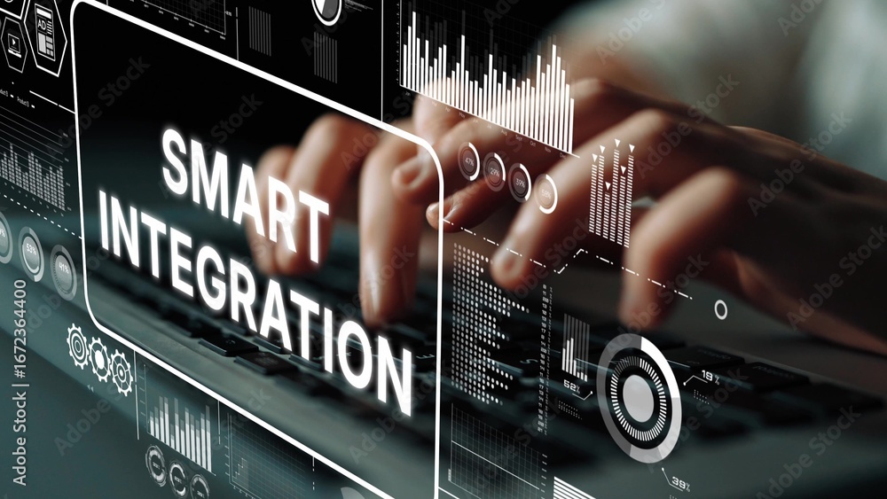 Poster hands typing on a keyboard with digital smart integration graphics and data visualization elements. 