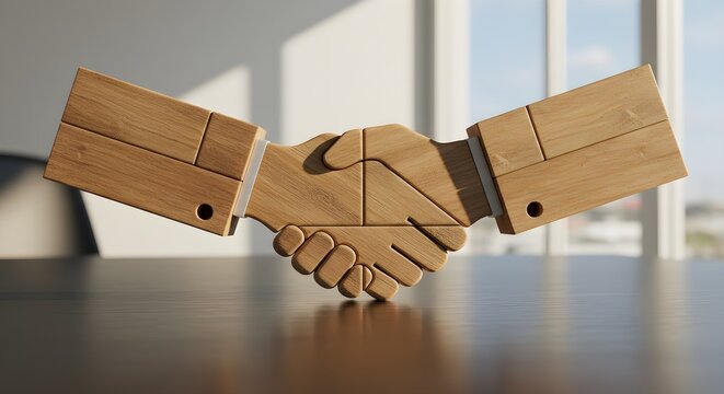 Wooden Handshake Sculpture sits on a Desk in Bright Office. Business and Agreement Concept, Mockups, Posters.