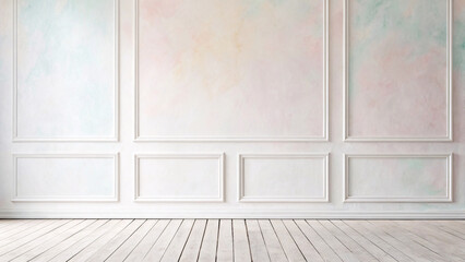 Naklejka premium Classic white wainscoting wall panels with molding details, light wooden flooring in elegant interior space