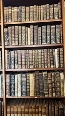 Historic library interior with wooden shelves filled with ancient books and manuscripts, showcasing cultural heritage, rare collections, and the preservation of knowledge across centuries