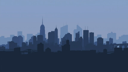 Fototapeta premium Stylized flat illustration of city skyline silhouette in blue tones with simple modern design.
