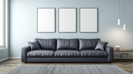 Modern Black Leather Sofa in Minimalist Living Room with Wall Art and Pendant Lights