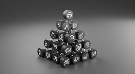 Dark gray cylinders display a workflow diagram with white icons. Minimal, digital graphic for process visualization, presentation backgrounds, and corporate branding.