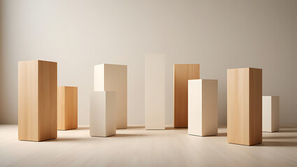 Minimalist composition of abstract geometric shapes, including rectangular prisms and cubes, arranged in a pleasing pattern on a neutral background