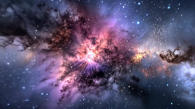Colorful nebulae burst with energy while stars twinkle in the dark expanse, showcasing the beauty of the universe in all its glory